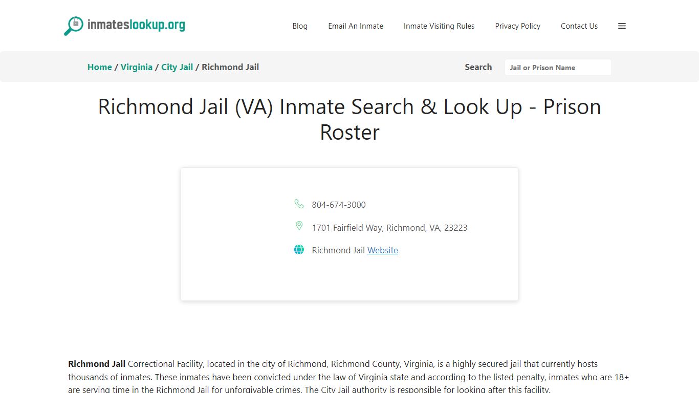Richmond Jail (VA) Inmate Search & Look Up - Prison Roster