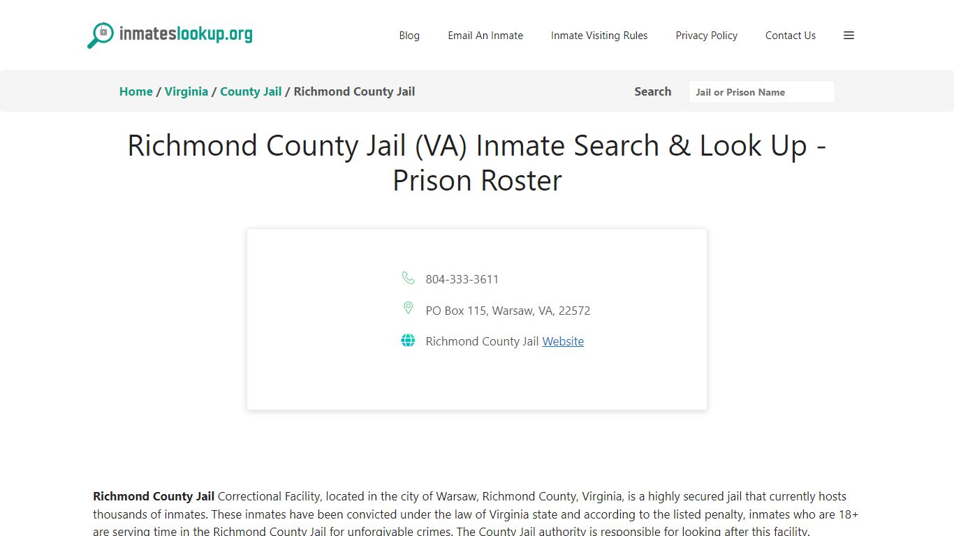 Richmond County Jail (VA) Inmate Search & Look Up - Prison Roster